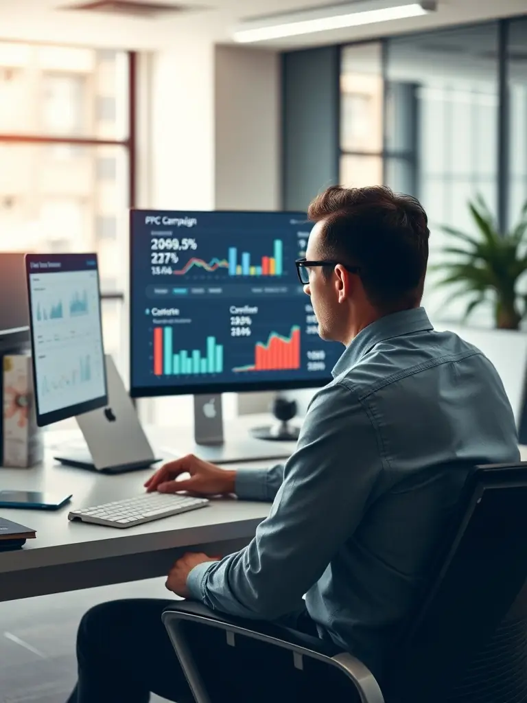 A professional photo of a person managing a Meta Ads dashboard, showcasing key metrics and campaign performance for a car export client.