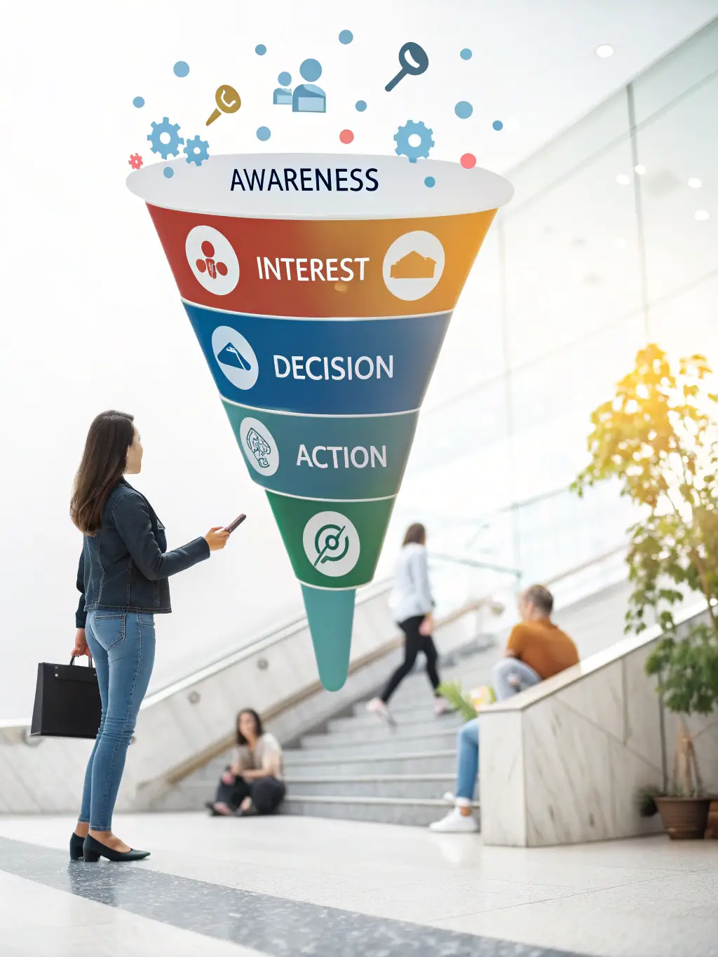 An image illustrating a marketing funnel, highlighting the different stages a lead goes through, from initial contact to booked appointment.